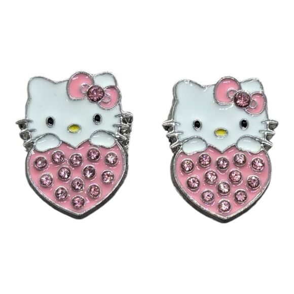 Hello Kitty Earrings Pink Rhinestone Enamel Heart Pierced Ears Cat Studs Jewelry - Picture 4 of 4